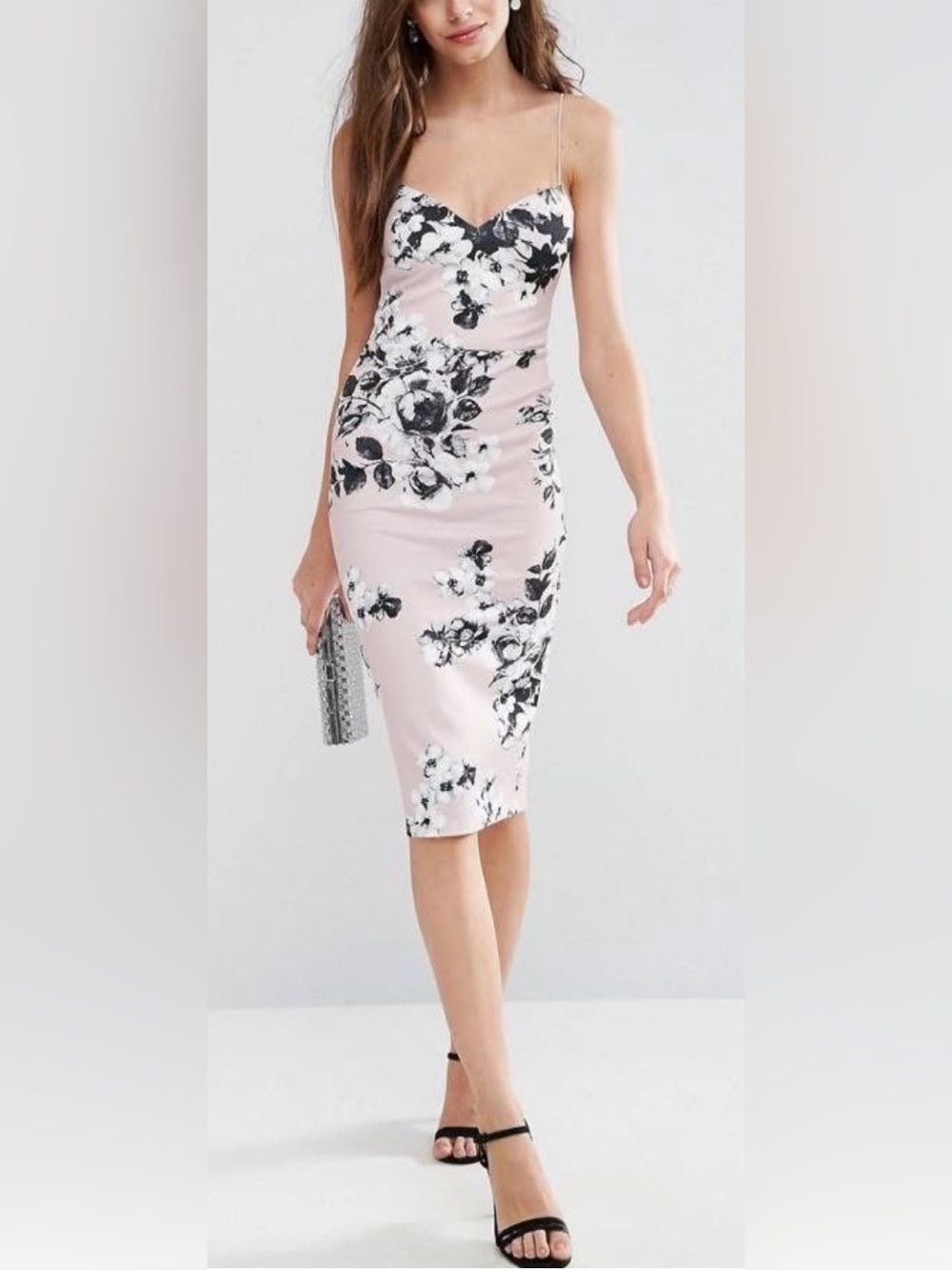 ASOS Midi scuba bodycon dress Blush pink w black & white floral motif US 14 NWT